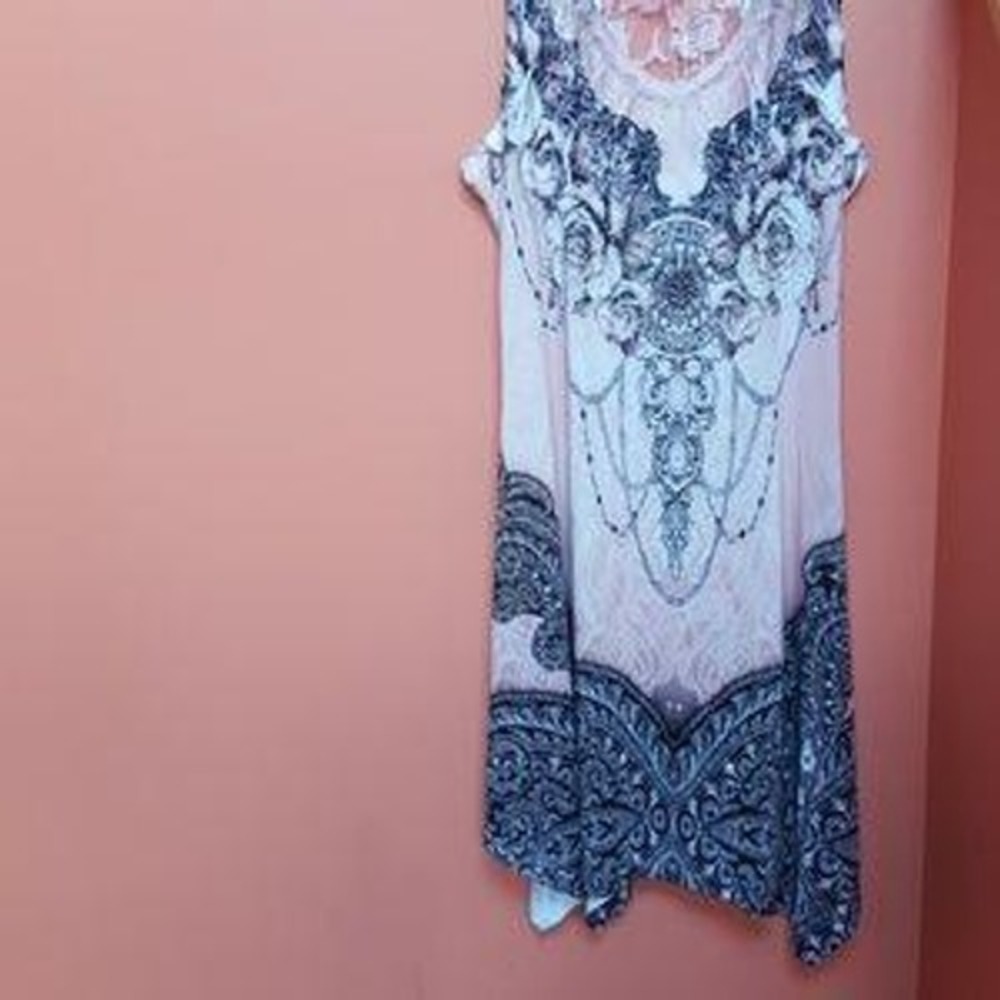 Pretty Angel BOHO Tank Dress Womens L Pink Paisley Lace Back Rhinestone Uneven - Picture 3 of 8